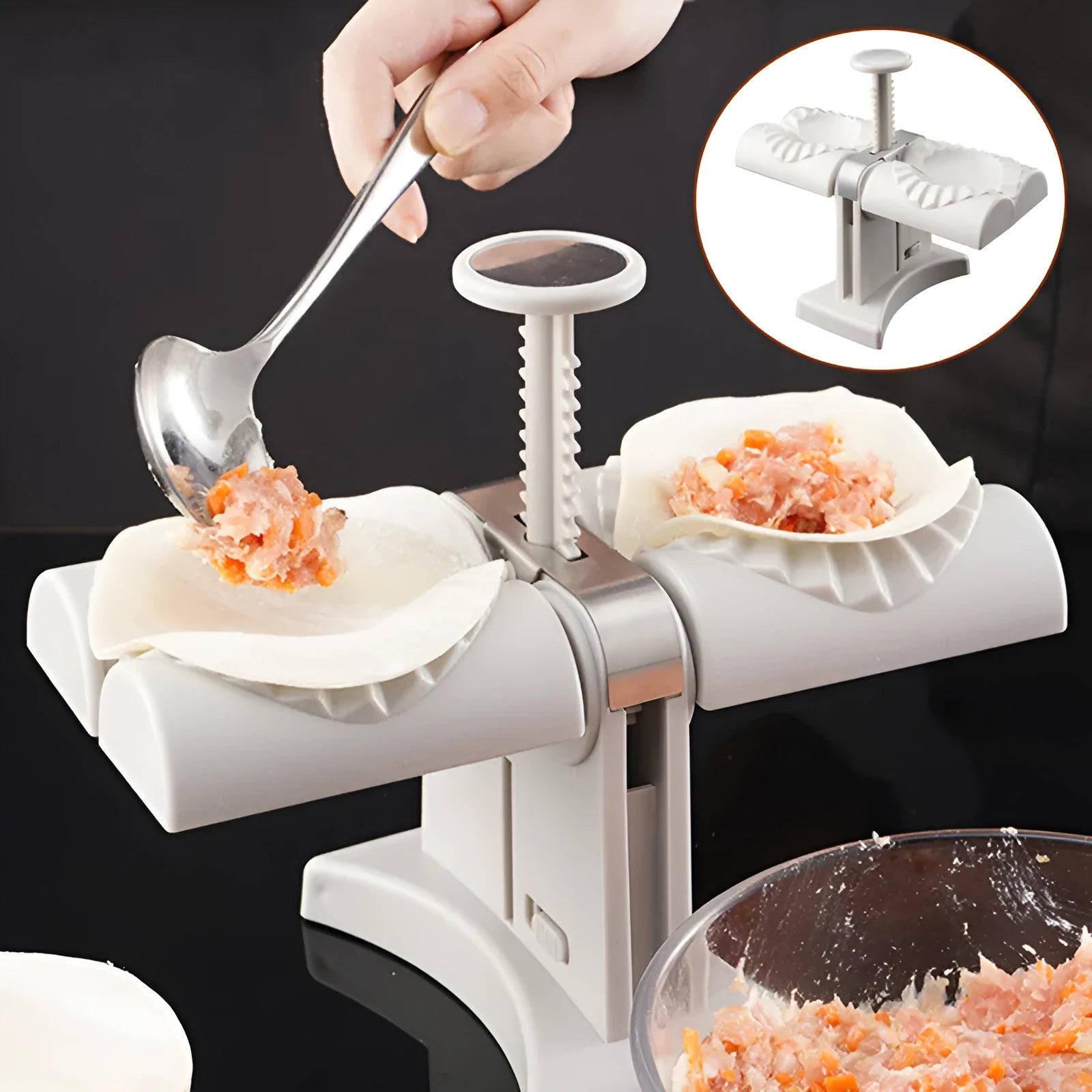 White double head dumpling mould manual press with anti-slip rubber base