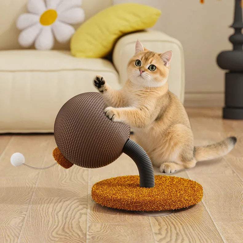 Natural hemp rope cat scratching post with a dangling felt toy ball, shown in large and small size options.