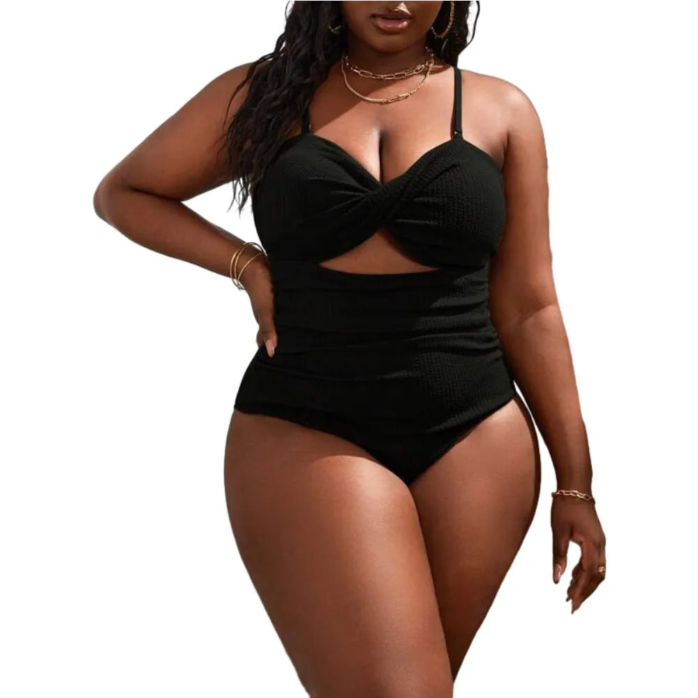 Plus size women's black sling triangle one-piece swimsuit with polyester and spandex stretch fabric