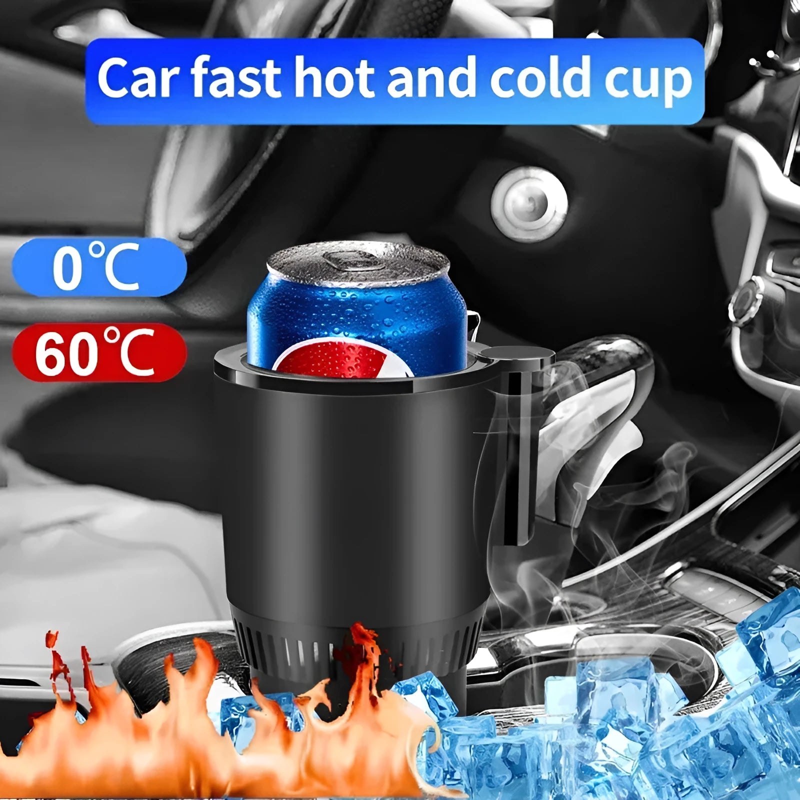 Black car cup warmer cooler with digital temperature display in vehicle cup holder