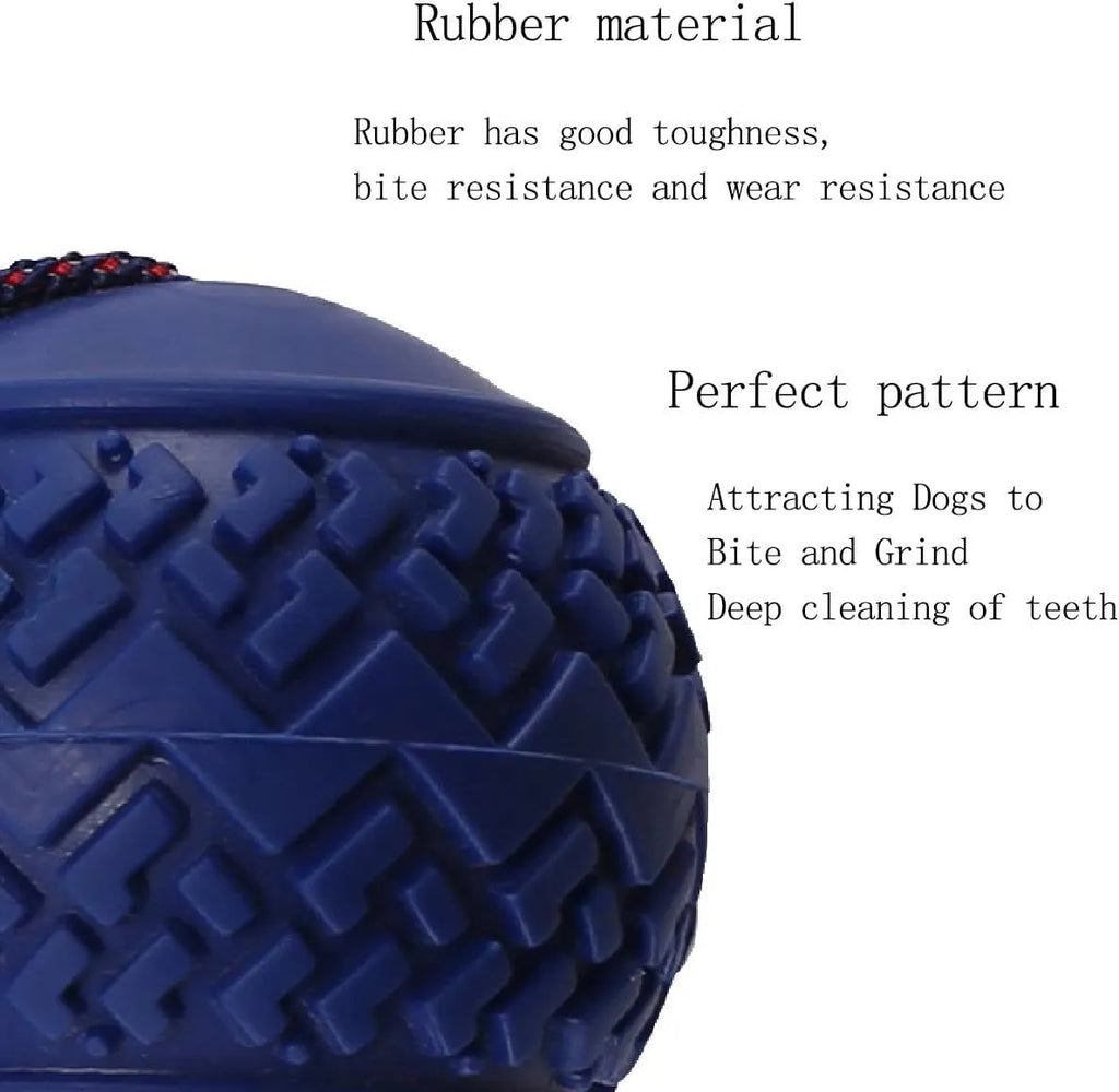 Blue rubber dog ball attached to a rope, a tug and fetch toy for small dogs.