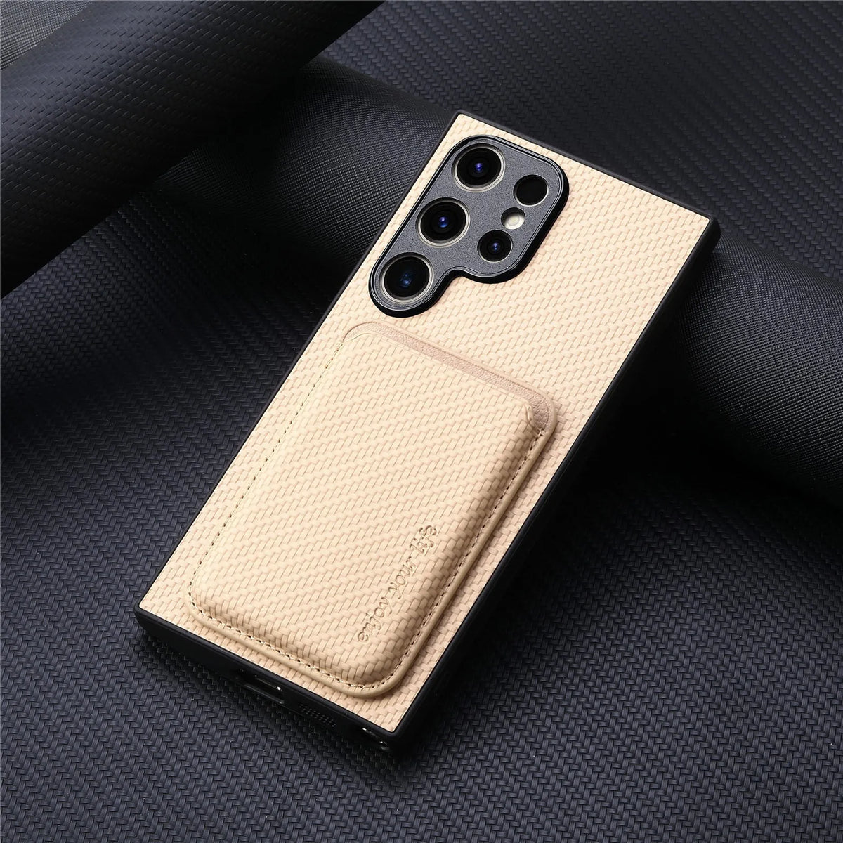 Leather phone case with built-in suction Magsafe card holder for Samsung, available in black, green, and brown.