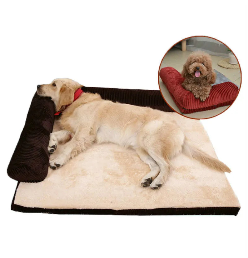 Corduroy pet dog sofa with bolster sides on a non-slip cloth base, shown in grey colour.