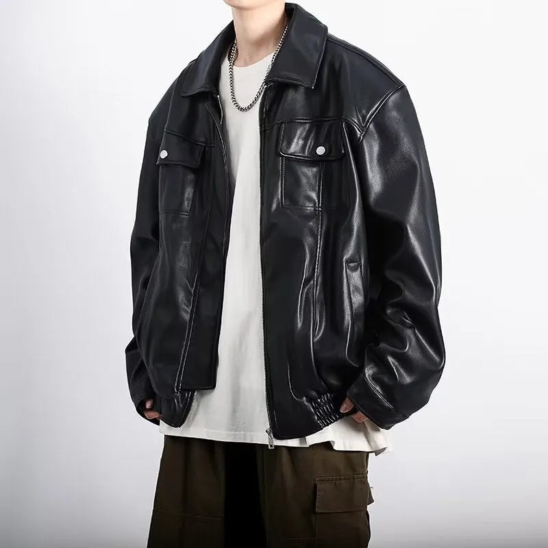 Black retro textured PU leather motorcycle jacket for men with loose fit