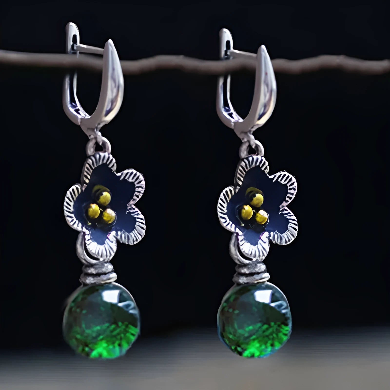 Handmade ethnic style silver alloy long earrings with micro inlay plum petal geometric design