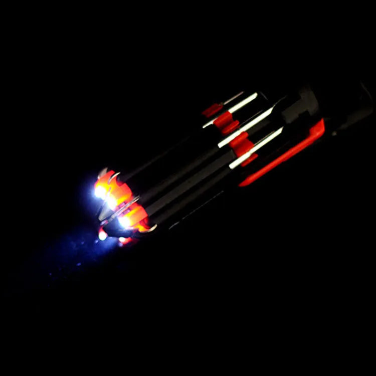 8-in-1 screwdriver with LED flashlight, magnetic bits, and stainless steel body on a workbench