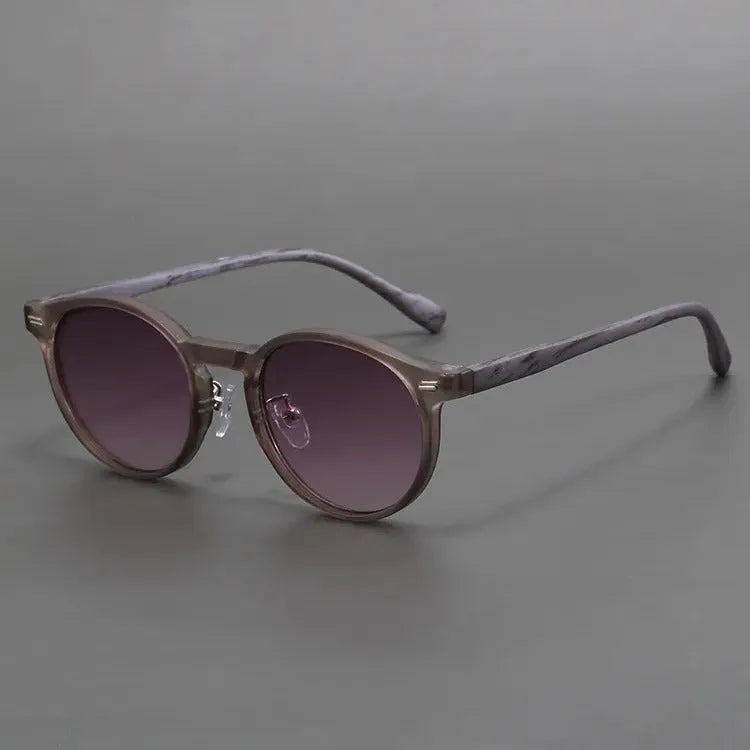 Retro frosted round rim sunglasses with patterned lenses in sand white frame and grey yellow lenses.