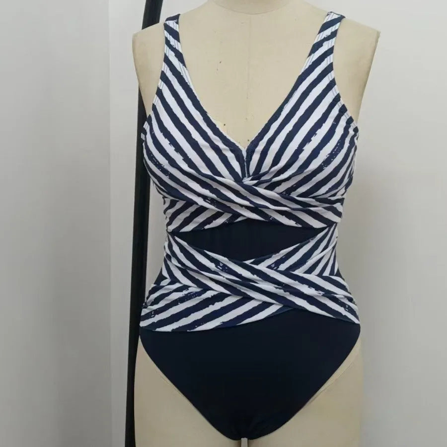 Women's sleeveless striped one-piece swimsuit in picture colour for swimming and wading, sizes S-3XL