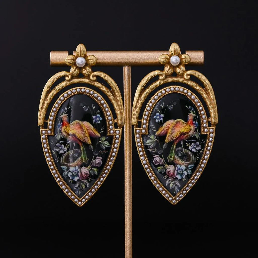 Vintage peacock oil earrings, 18K gold plated copper alloy with enamel painted peacock design, ear drops 6.3 x 3.3cm