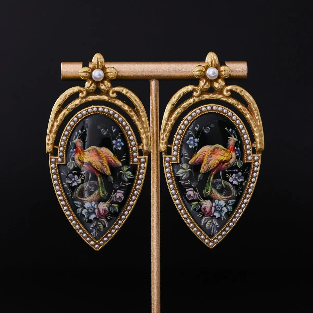 Vintage peacock oil earrings, 18K gold plated copper alloy with enamel painted peacock design, ear drops 6.3 x 3.3cm