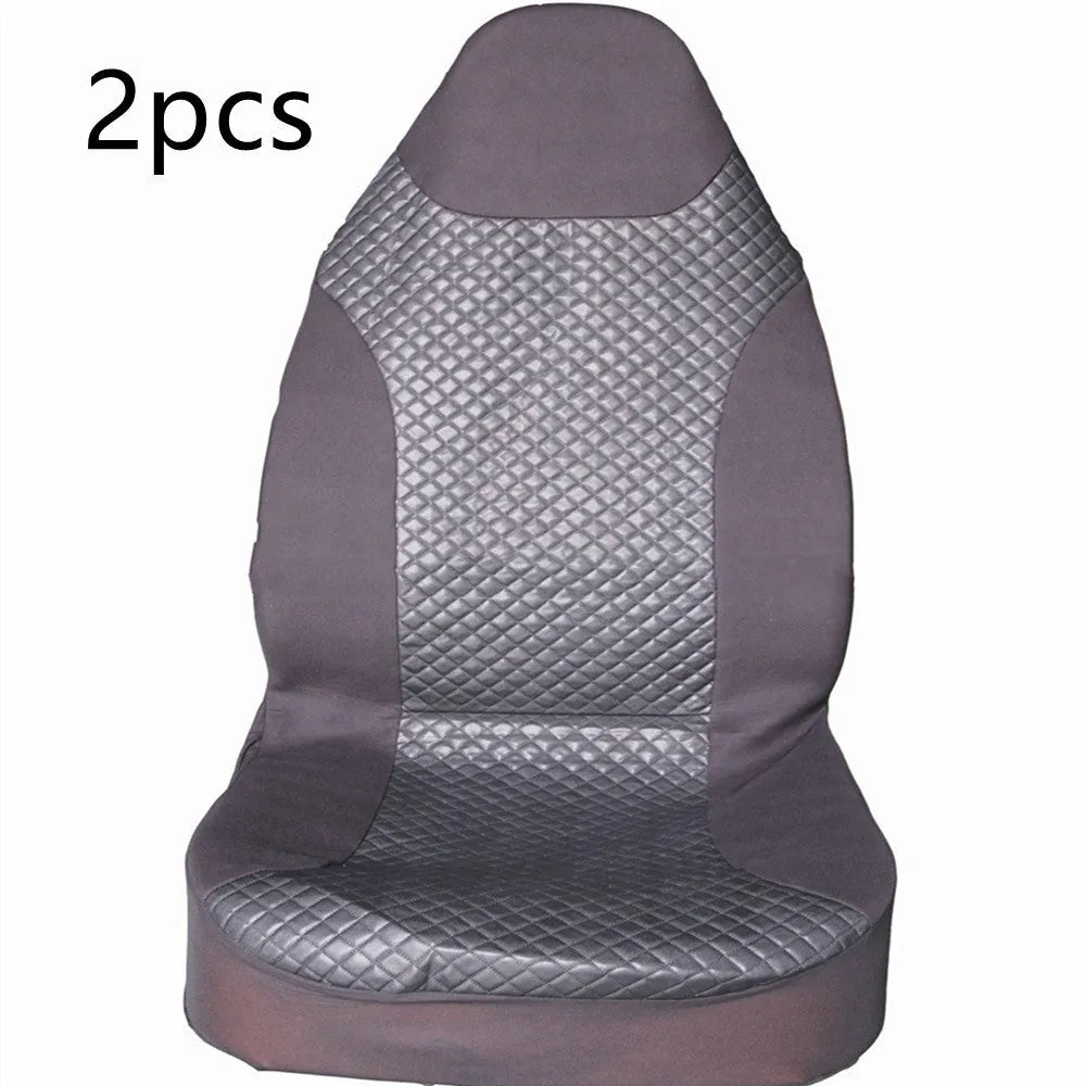 Black quilted automotive seat cover made from PU and polyester fabric, shown with plastic fitting hooks.
