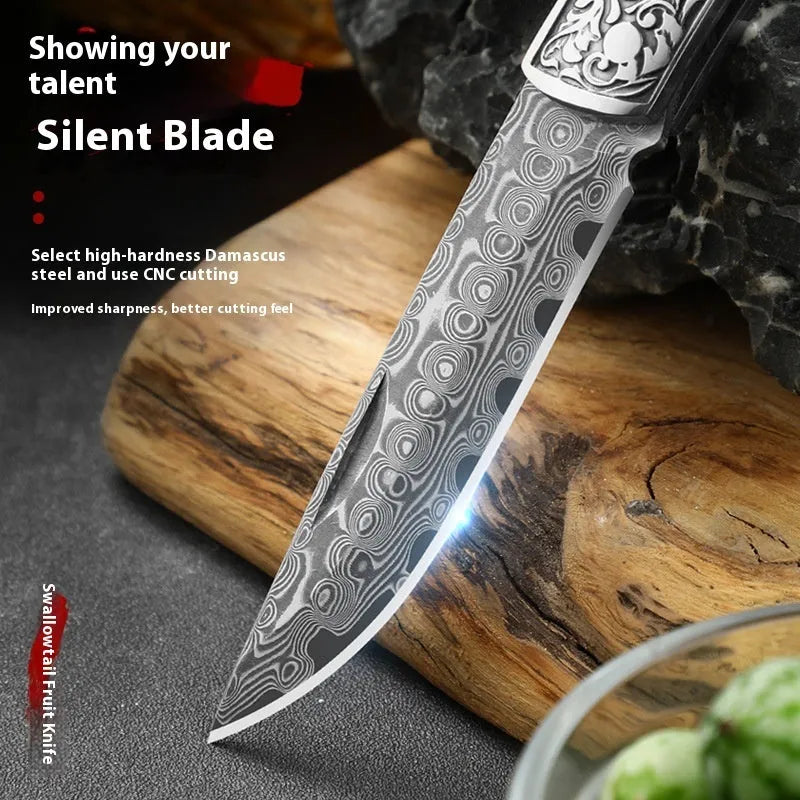 VG10 folding portable mini outdoor knife showing stainless steel blade and handmade national style construction