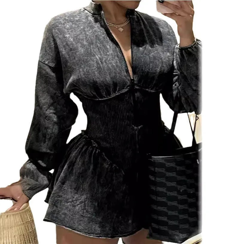 Grey slim-fit A-line dress with drawstring waist and long sleeves on a mannequin.