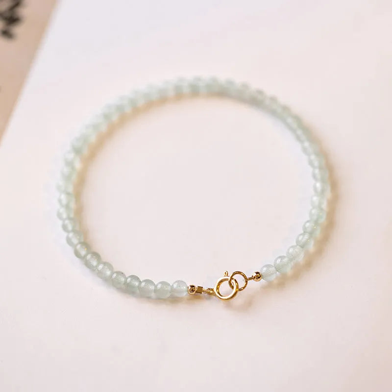 Handmade women's jade bracelet with 3mm beads in green aventurine, shown in 15cm length.