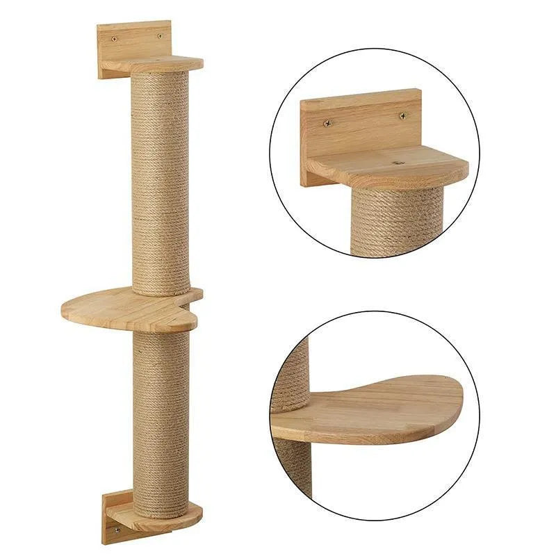 Wooden wall-mounted cat climbing frame with flax scratching post and jump platform in wood colour