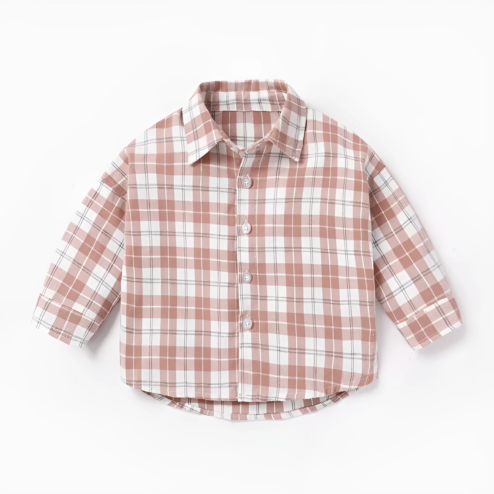 Boys' long sleeve cotton shirt with lattice and cartoon patterns in khaki, shown on a hanger