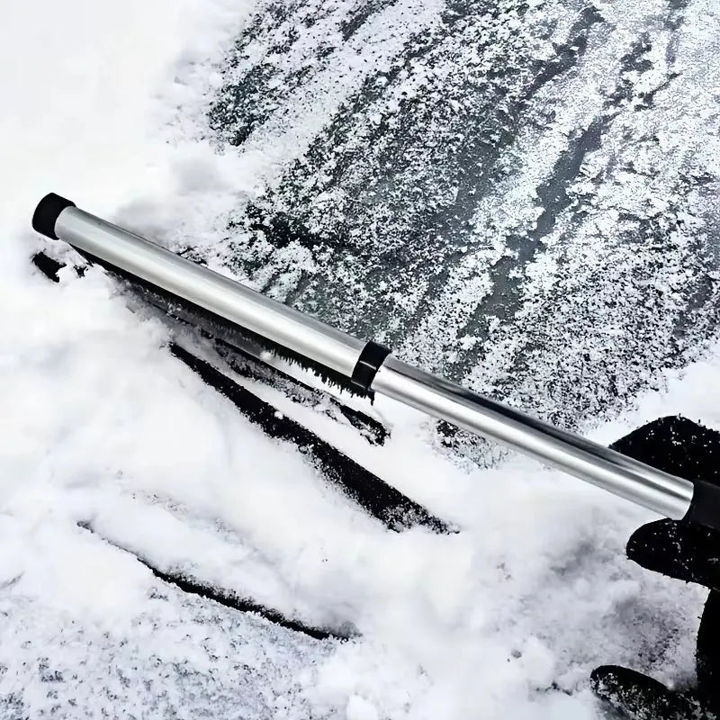 Black extendable car snow shovel and windshield wiper, 42.5 cm by 10 cm to 65 cm, with nylon bristles