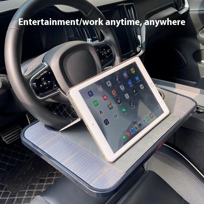 Black foldable car steering wheel tray with laptop and cup holder on a 42x28cm ABS surface