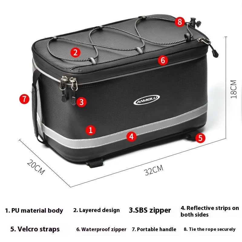 Black waterproof PU leather bicycle rack bag with 12 litre capacity for car backseat equipment transport