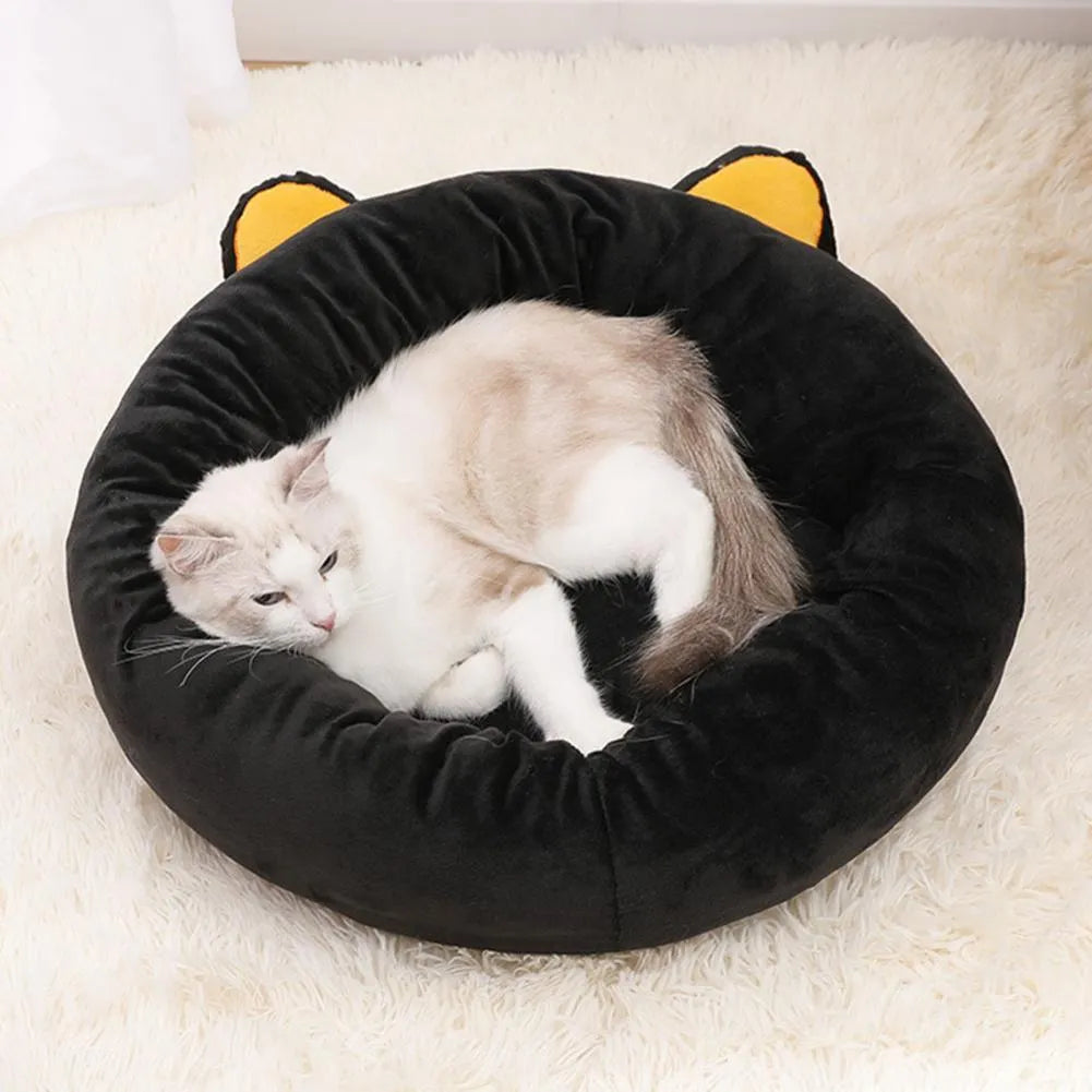 Black cat-shaped velvet pet nest bed with raised edges in two size options