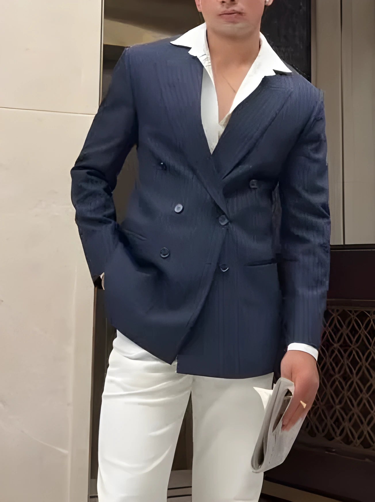 Men's striped double breasted blazer in regular fit polyester fabric