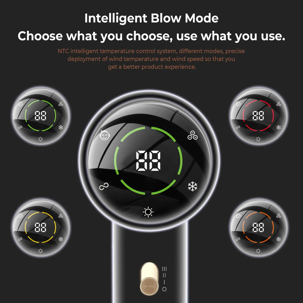 Black gold high-power hair dryer with high-speed screen display and multiple fan speed settings