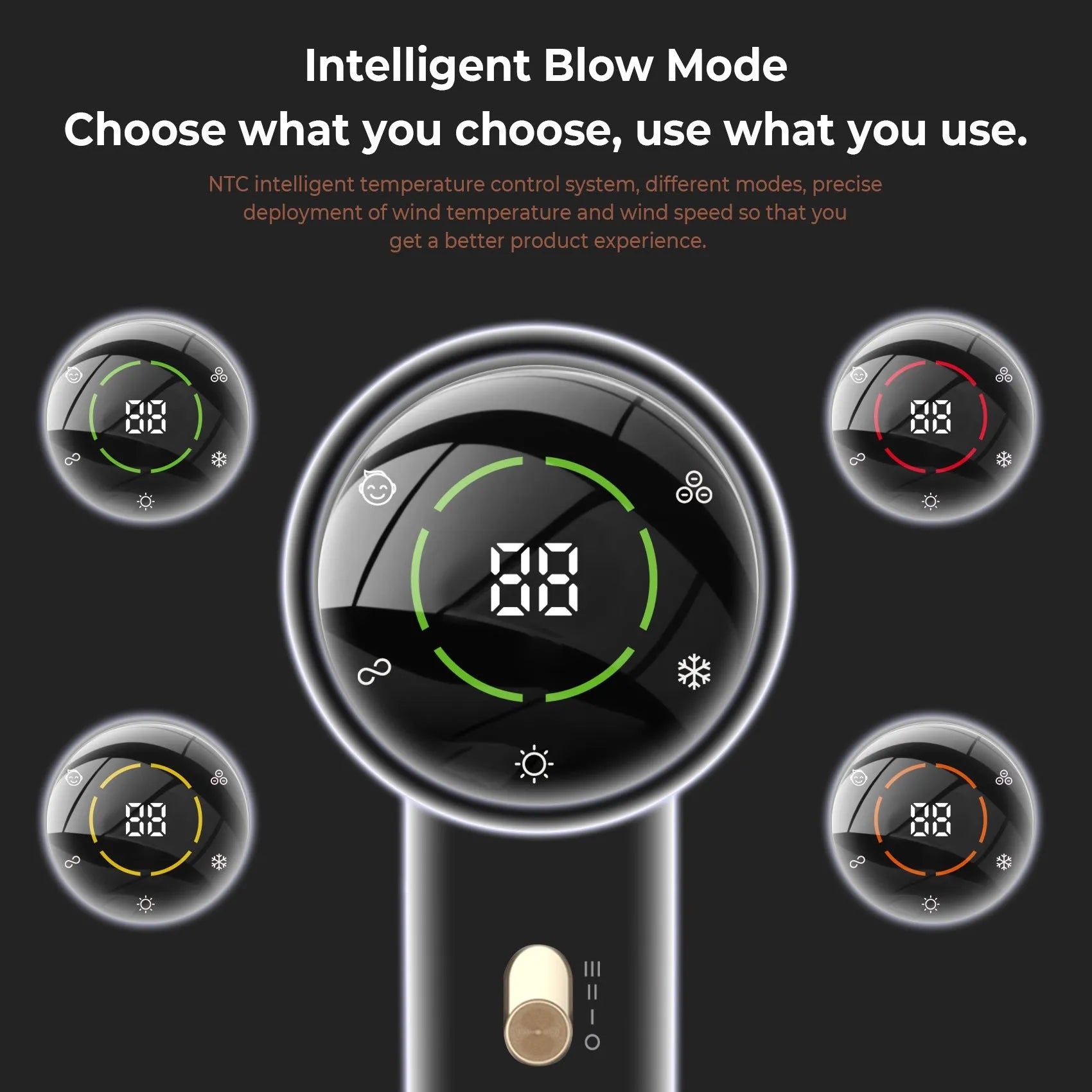 Black gold high-power hair dryer with high-speed screen display and multiple fan speed settings