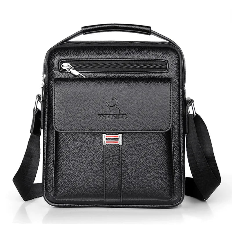 Men's PU leather crossbody bag waterproof wear-resistant available in litchi pattern black or plain dark brown
