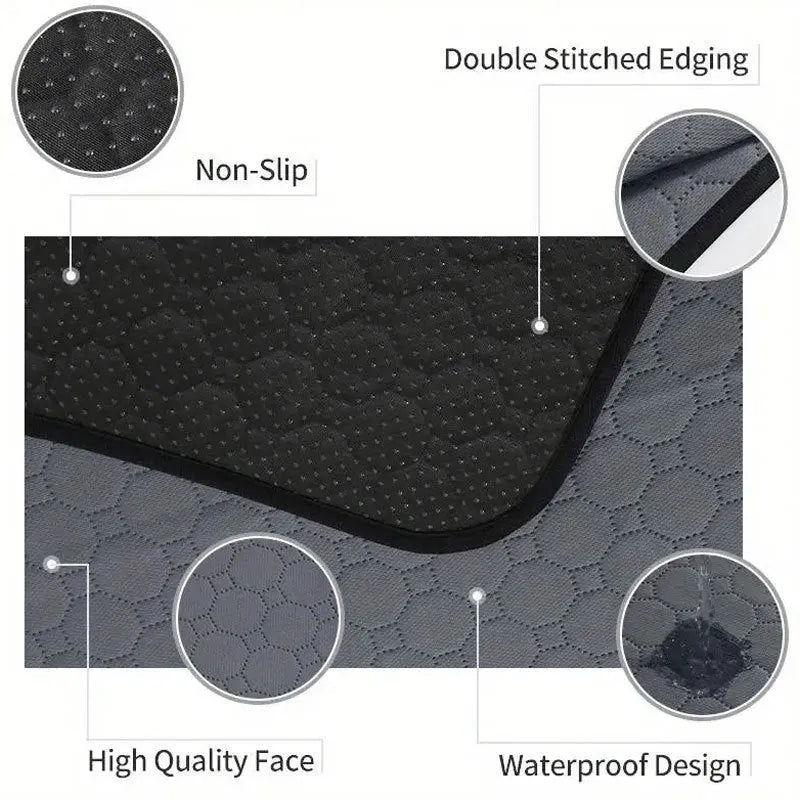 Washable dog pee pads in grey and tan colours showing waterproof backing and triple-stitch edges