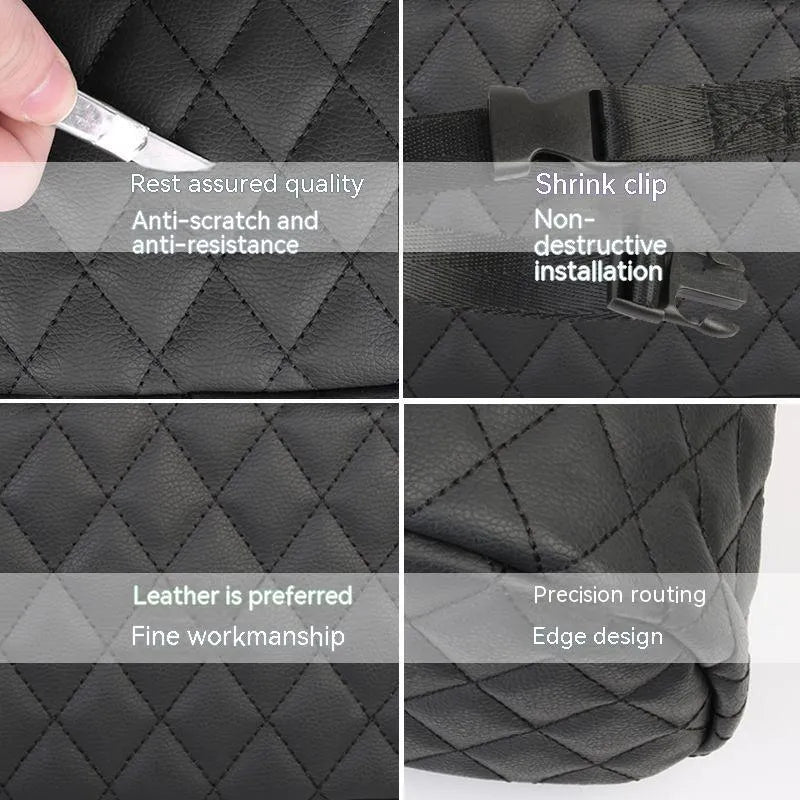 Leather car hanging storage bag in black, pink, green, or white, shown attached to a car seat.