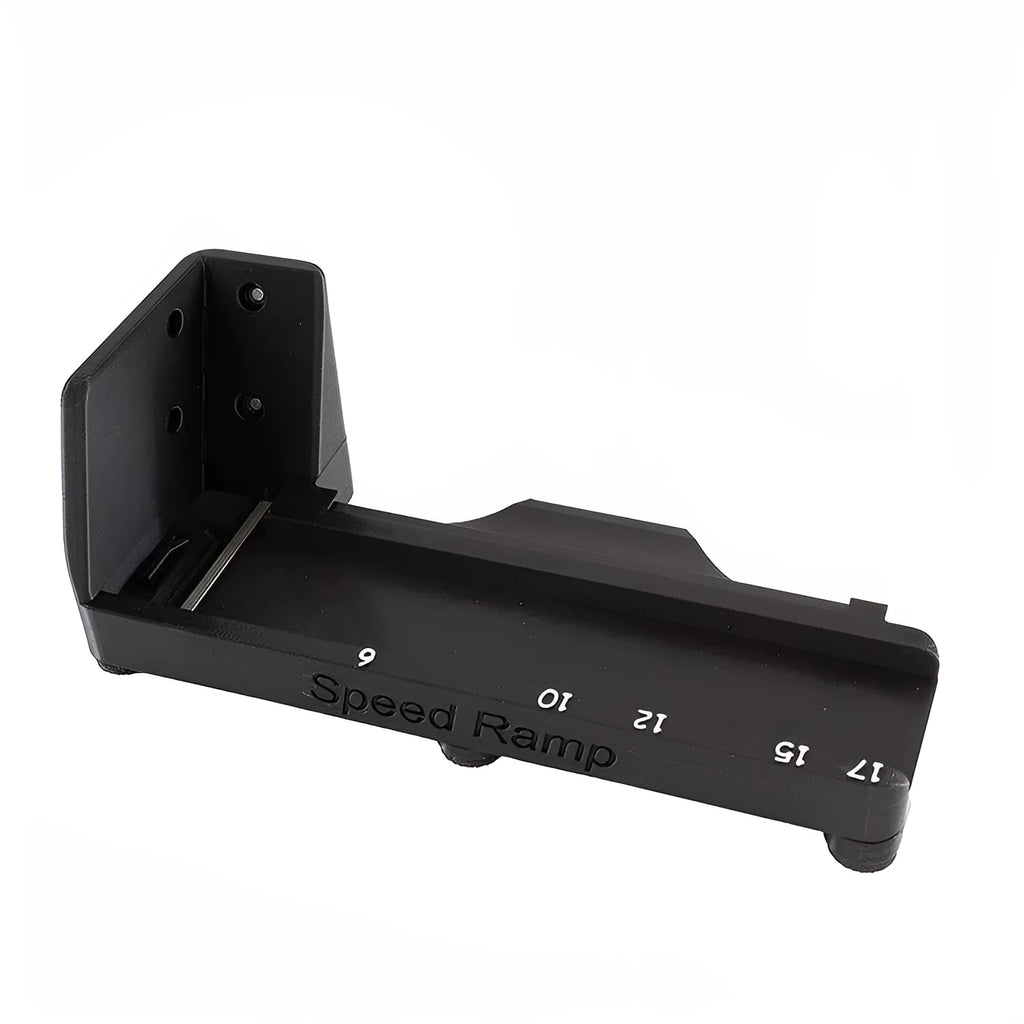 Black plastic universal pistol magazine ramp loader on white background