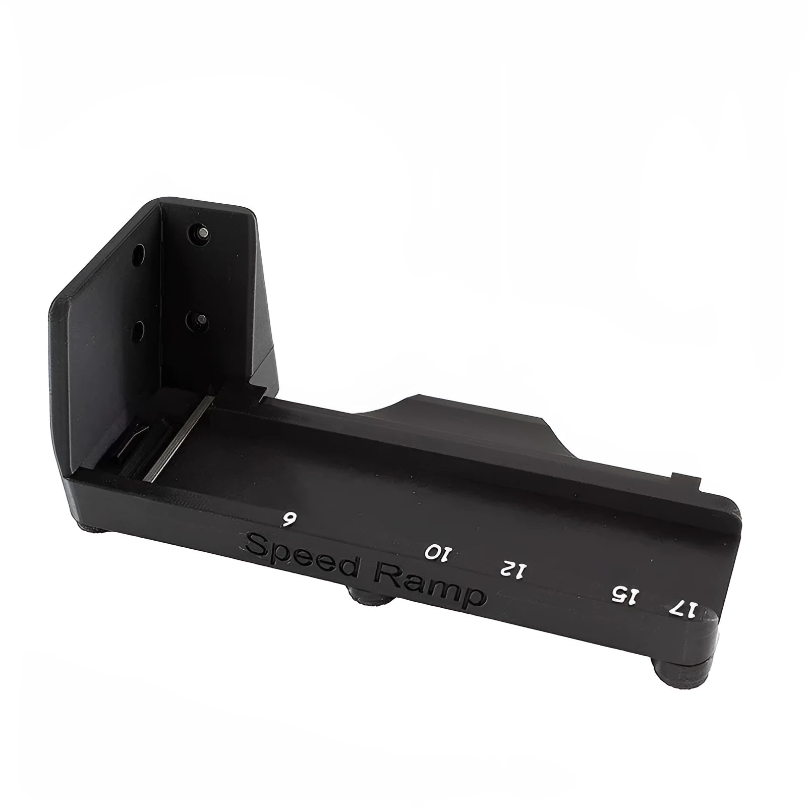 Black plastic universal pistol magazine ramp loader on white background