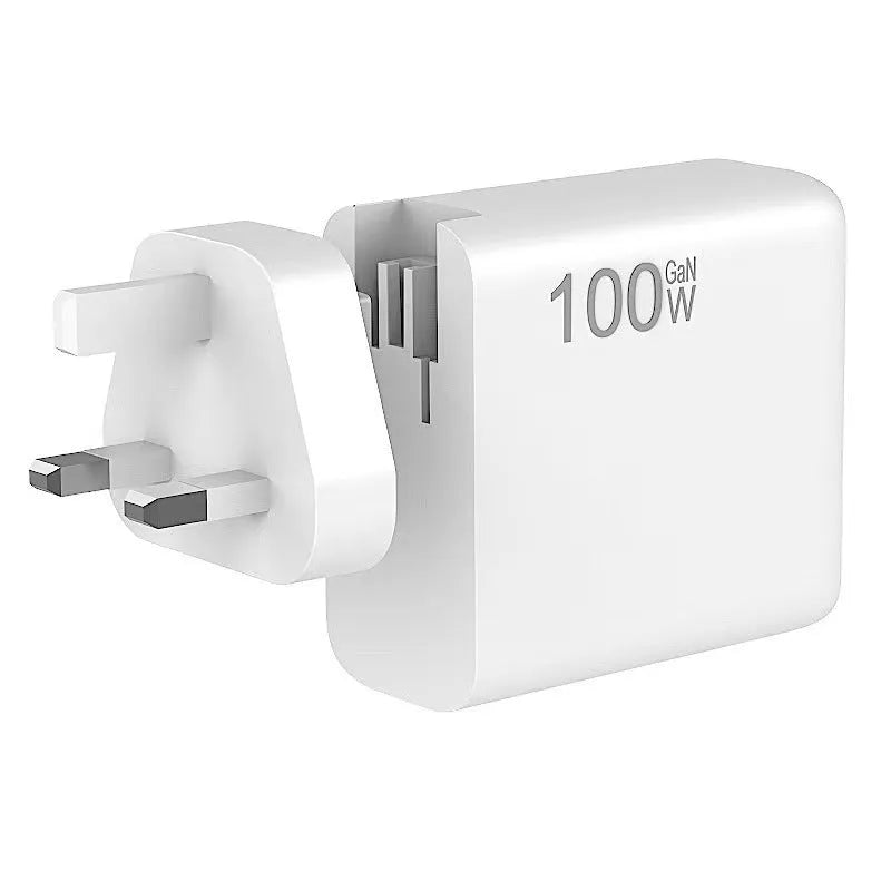 White gallium nitride fast charger 100W with Type-C and USB ports, compact size, interchangeable plugs