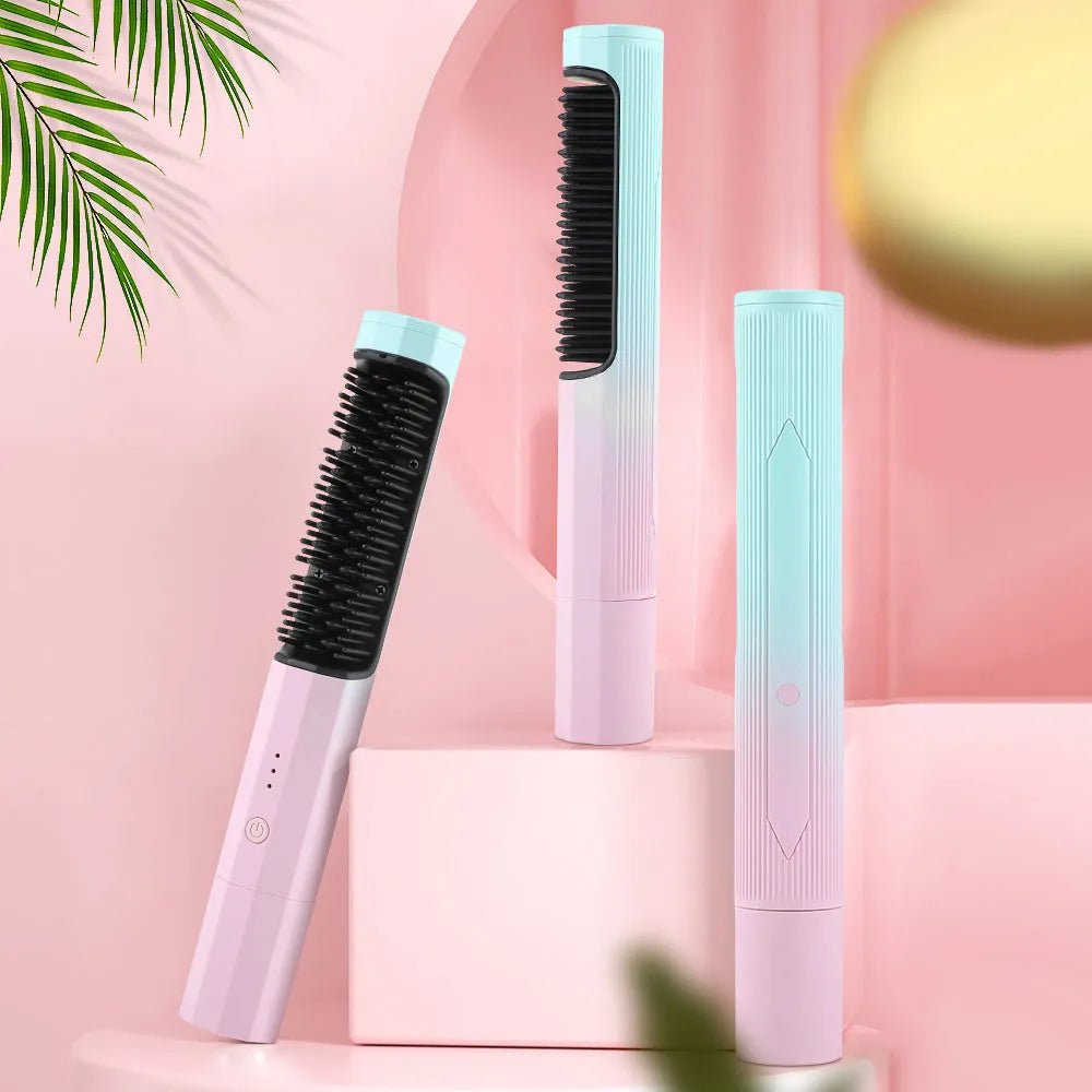 Pink cordless hair straightening comb with USB charging port and heat-insulating comb teeth.