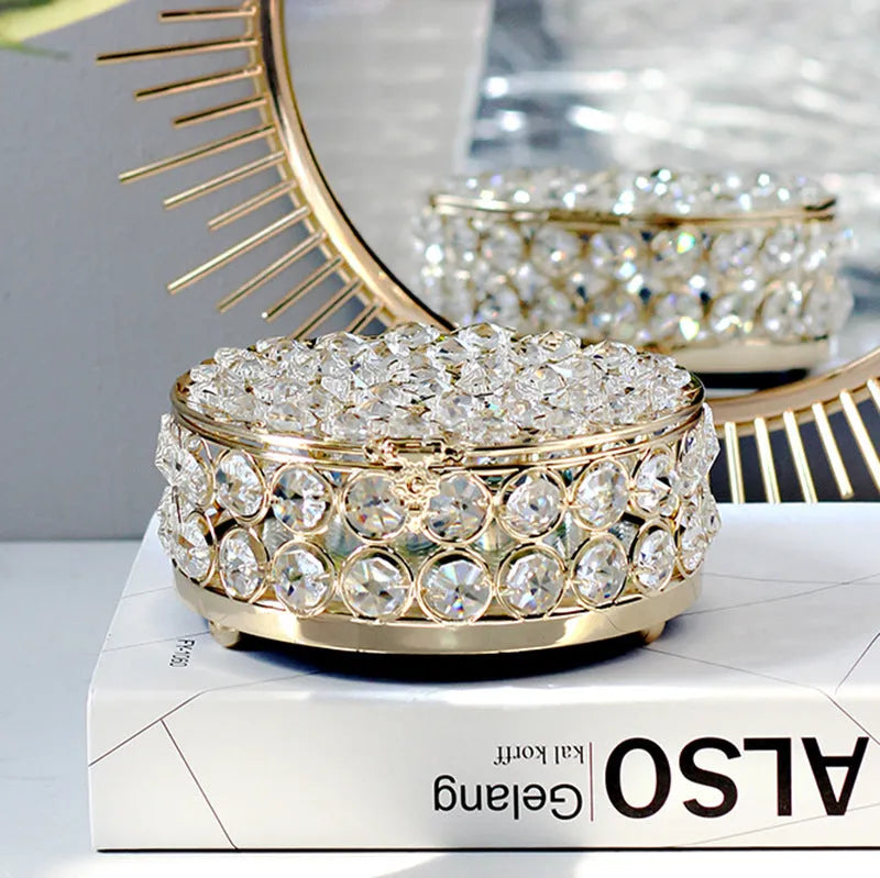 French gold iron frame crystal glass transparent jewelry storage box European style.