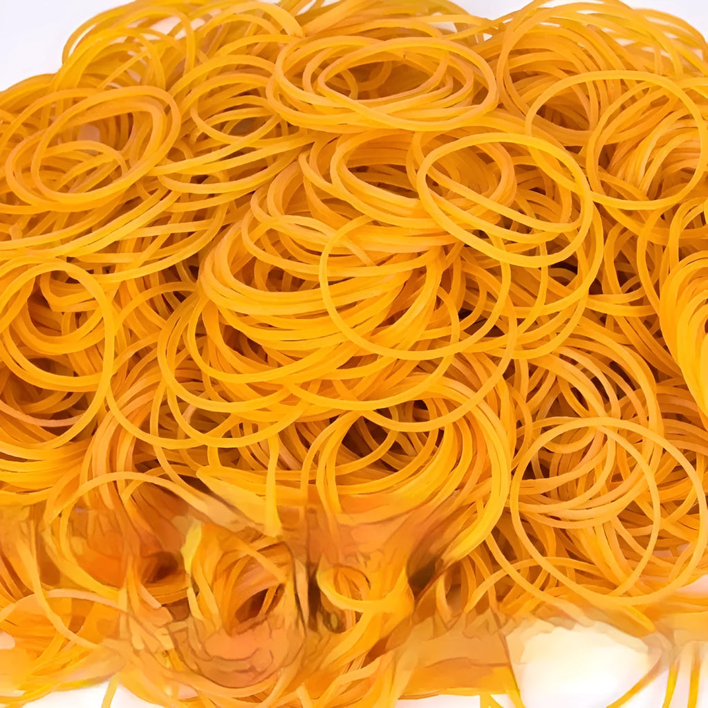 Yellow rubber bands bulk pack showing multiple diameters from 16mm to 70mm for office and packaging use