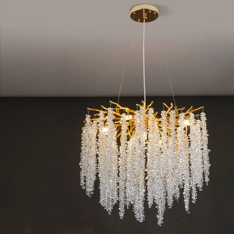 Aluminium alloy crystal chandelier light with adjustable drop, shown in round and long style options.