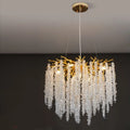 Aluminium alloy crystal chandelier light with adjustable drop, shown in round and long style options.
