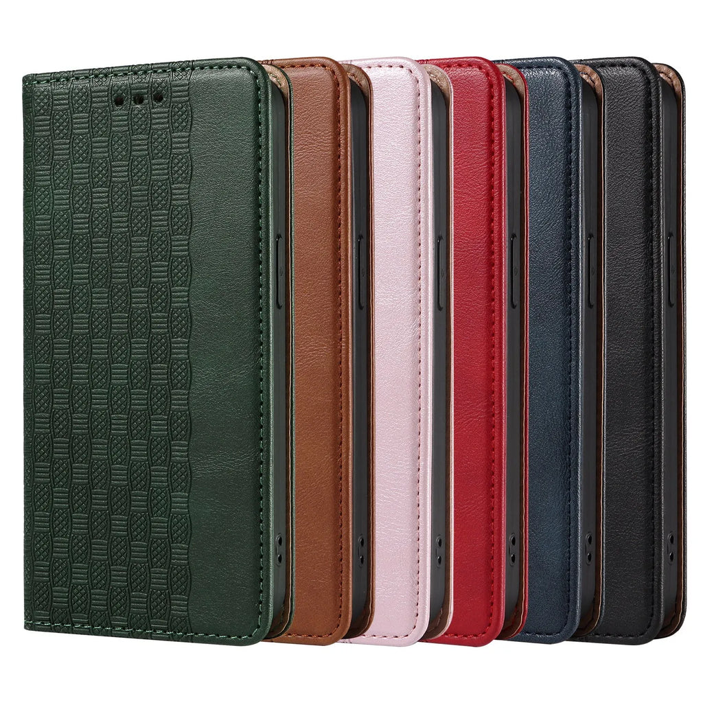 Embossed leather-style flip phone case for iPhone shown in black, brown, blue, and red colours.