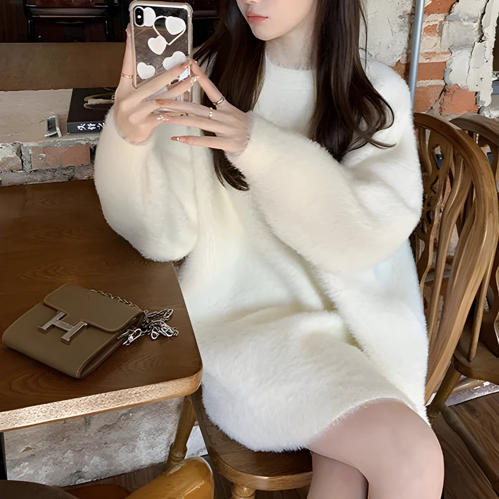 Mid-length acrylic knitwear pullover in camel colour with long sleeves and loose fit