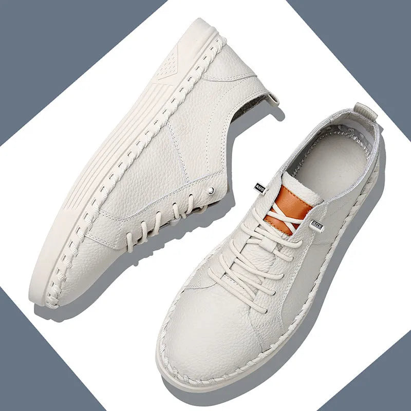 Men's beige and black cowhide leather sneakers with round toe and mesh lining