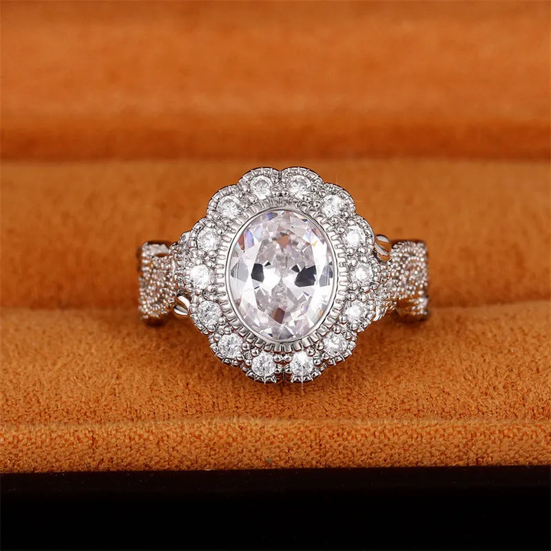 Geometric round zircon ring in white gold colour on copper base with full diamond plating
