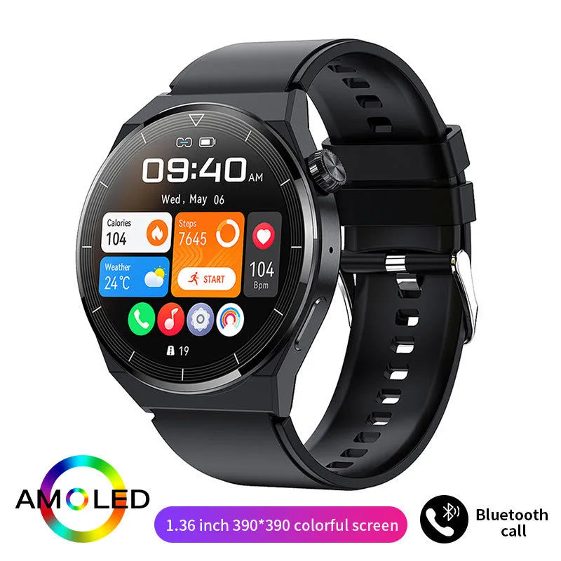 Black silicone strap silver vinyl case smartwatch with Bluetooth calling and health monitoring features on wrist
