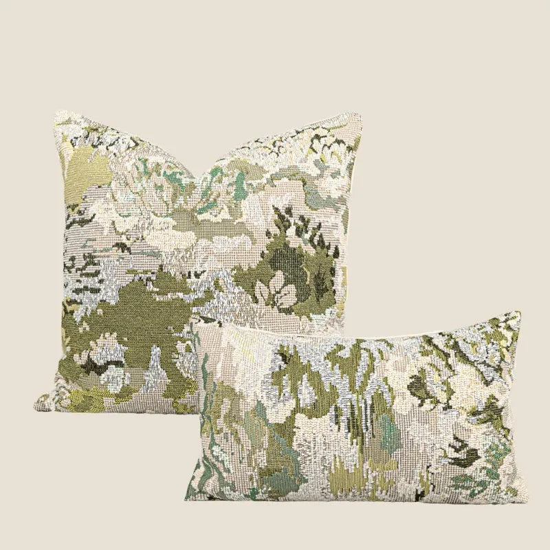 Antique green wool blend cushion cover with spring flowers pattern, shown in square and rectangular waist pillow sizes.