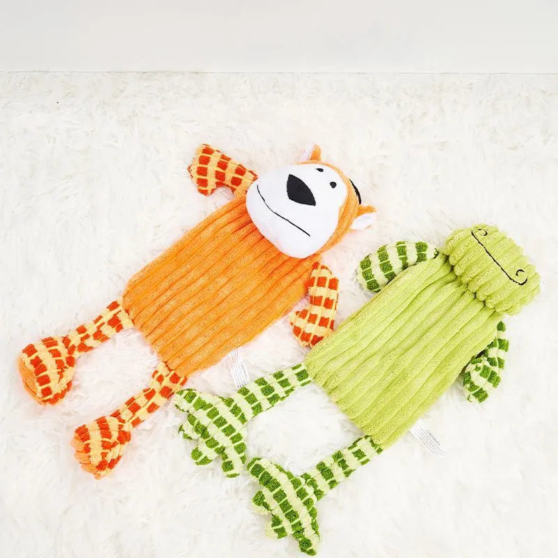 Green or orange durable plush dog toy with squeaker for aggressive chewers