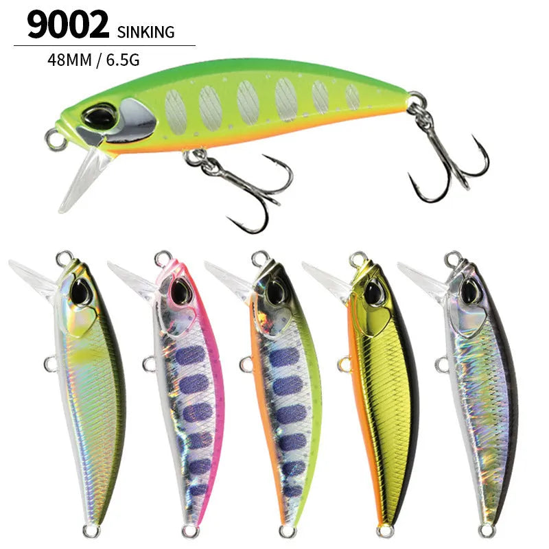Tossing 48mm long, 6.5g sinking hard minnow fishing lure in multiple colour variations.