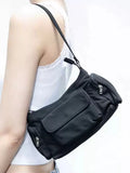 Black PU nylon women's shoulder bag with two pockets and side line detail showing dimensions