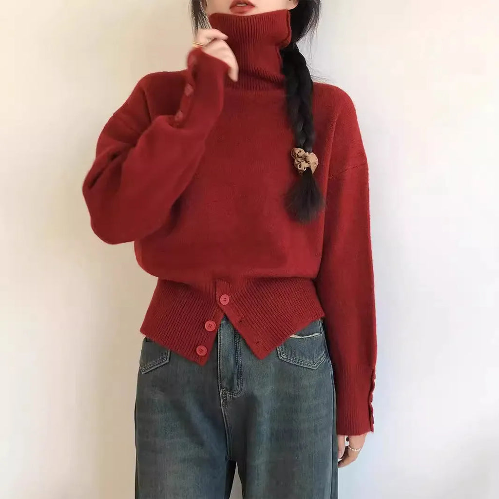 Design high waist button retro lazy style pullover sweater in cashmere blend, free size, available in multiple colours