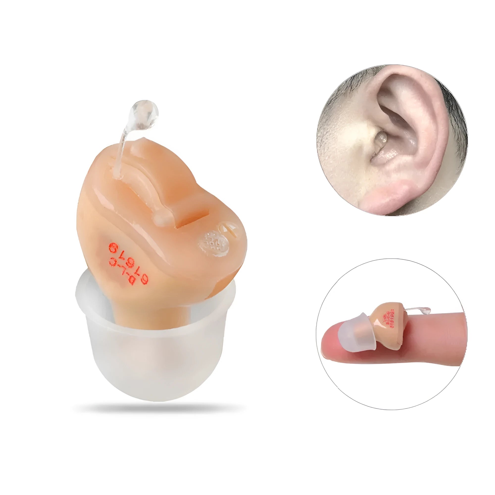Mini T23 completely-in-canal invisible hearing aid with assorted ear dome sizes.