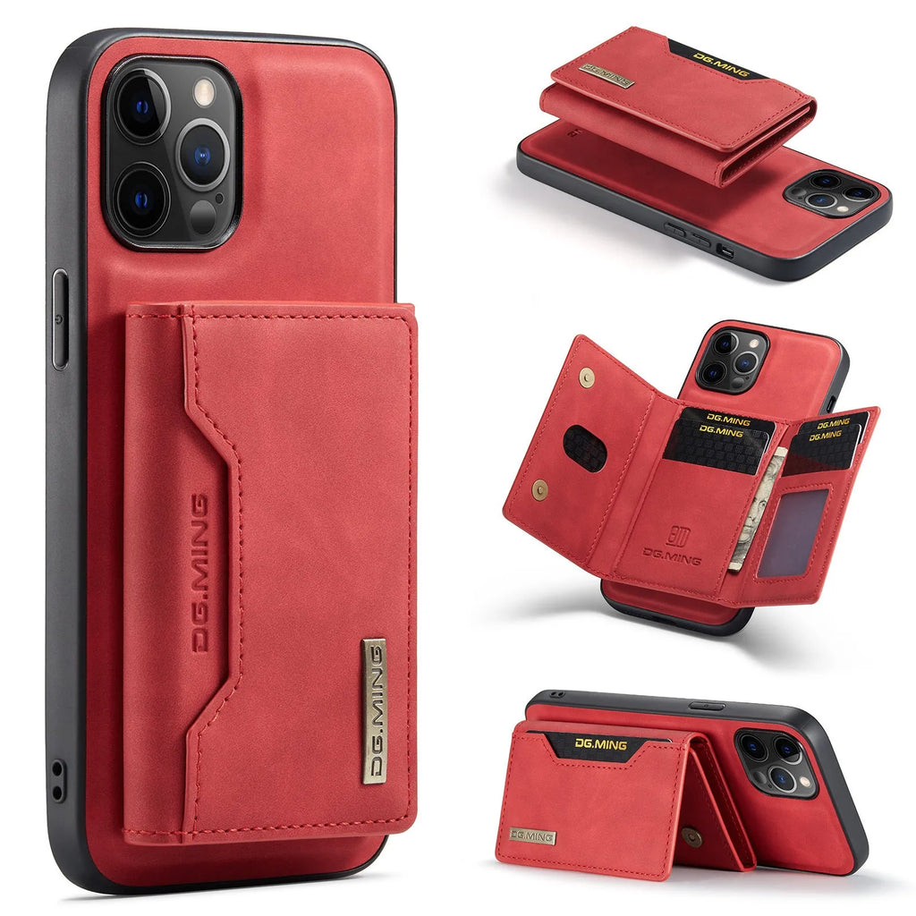 Magnetic multi function card holder phone case for iPhone in black, PU wallet style with split card slot
